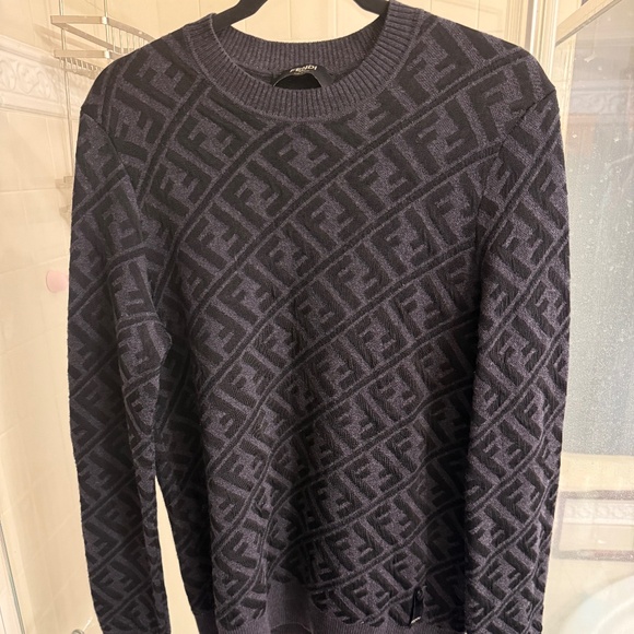 Fendi Dark Grey and Black Diagnol Stripped Zucca Knit Crew Neck Sweater - Picture 1 of 6